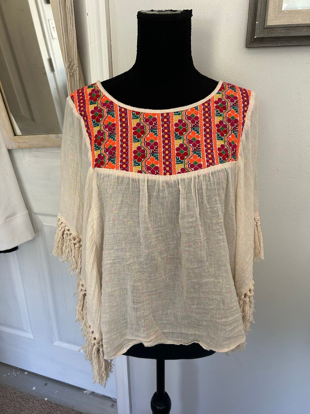 Lovestitch Cream Tulum Fringe Top Boho Embroidery